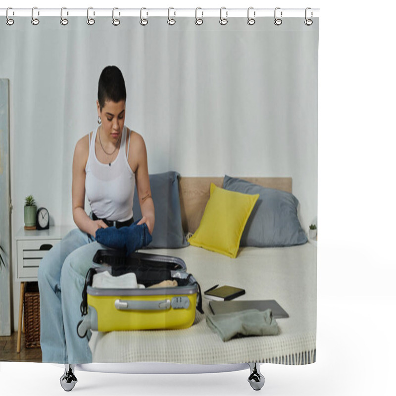 Personality  A Young Woman With Short Hair Sits On A Bed, Packing Her Luggage, Preparing For An Upcoming Vacation Or Trip. Shower Curtains