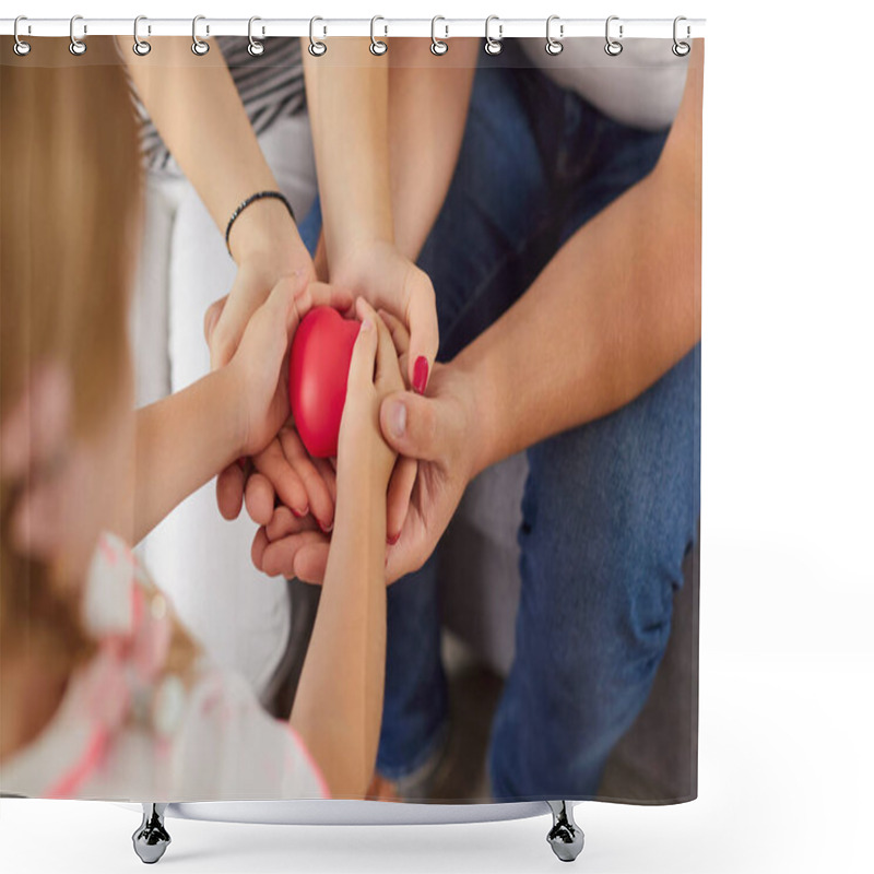 Personality  Loving Happy Friendly Family Holding Red Heart In Hands Close Up, Showing Unity, Care, Support, Promoting Charity, Donation Campaign, Health Insurance, Medical Cardiology Checkup, Peace And Hope Shower Curtains