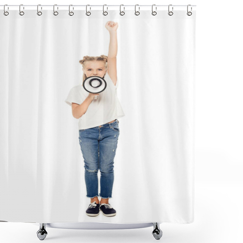 Personality  Adorable Child Yelling In Megaphone And Raising Hand Isolated On White Shower Curtains