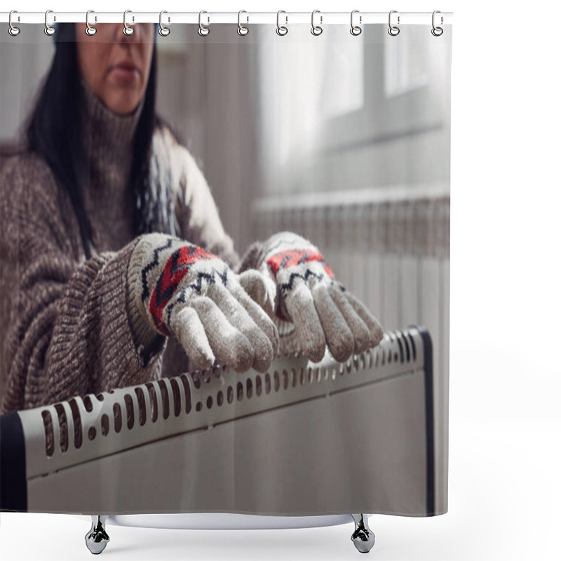 Personality  Woman In Jacket, Sweater And Hand Gloves Indoors On A Chilly Winter Day, Energy And Gas Crisis, Cold Room, Heating Problems. Shower Curtains