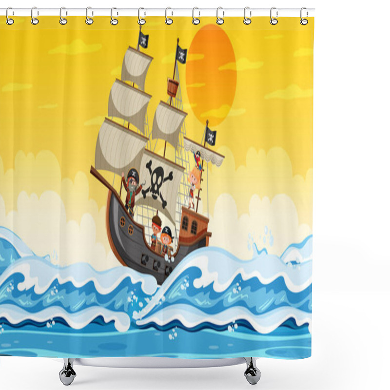 Personality  Ocean With Pirate Ship At Sunset Scene In Cartoon Style Illustration Shower Curtains