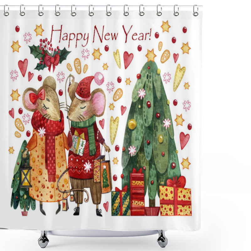 Personality  Watercolor Christmas Card With A Pair Of Mice In Love. Hand Drawn Mice With Gifts In Hands On The Background Of A Christmas Tree, Gifts, Toys, Hearts, Stars, New Year's Gifts.  Shower Curtains