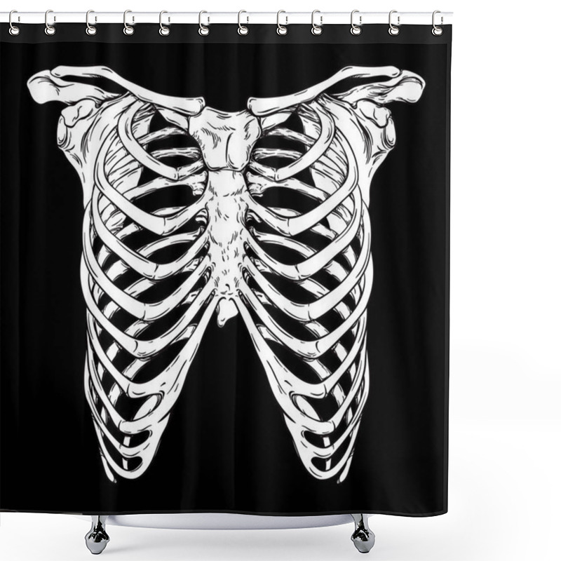 Personality  Human Ribcage Hand Drawn Line Art Anatomically Correct. White Over Black Background Vector Illustration. Print Design For T-shirt Or Halloween Costume. Shower Curtains