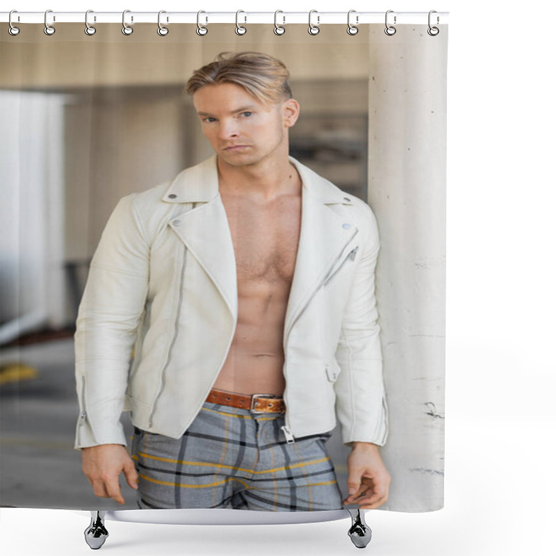 Personality  A Handsome Blonde Man Poses In A White Leather Jacket And Plaid Pants On A Street In Florida. Shower Curtains