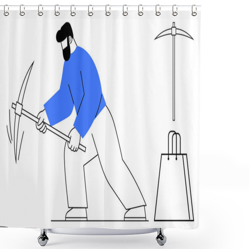 Personality  A Miner In A Blue Shirt Swings A Pickaxe, With Additional Mining Tools Depicted Nearby. Ideal For Mining Concepts, Labor, Industry, Tools, Hard Work, Resource Extraction Manual Labor. Line Metaphor Shower Curtains