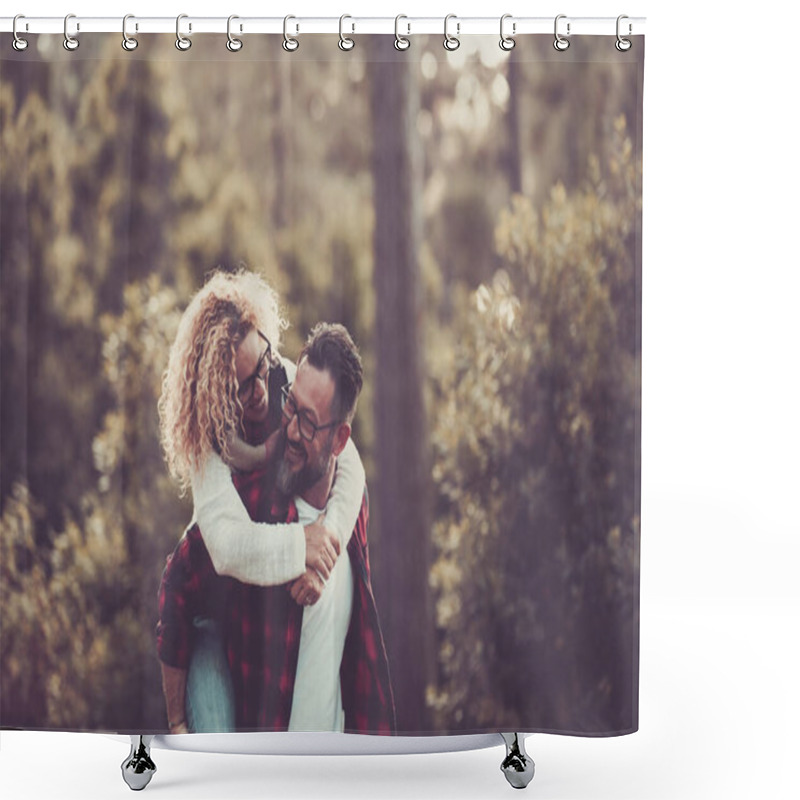 Personality  Happy Adult Caucasian Couple In Relationship And Love Play Together In The Forest Wood Nature  Shower Curtains