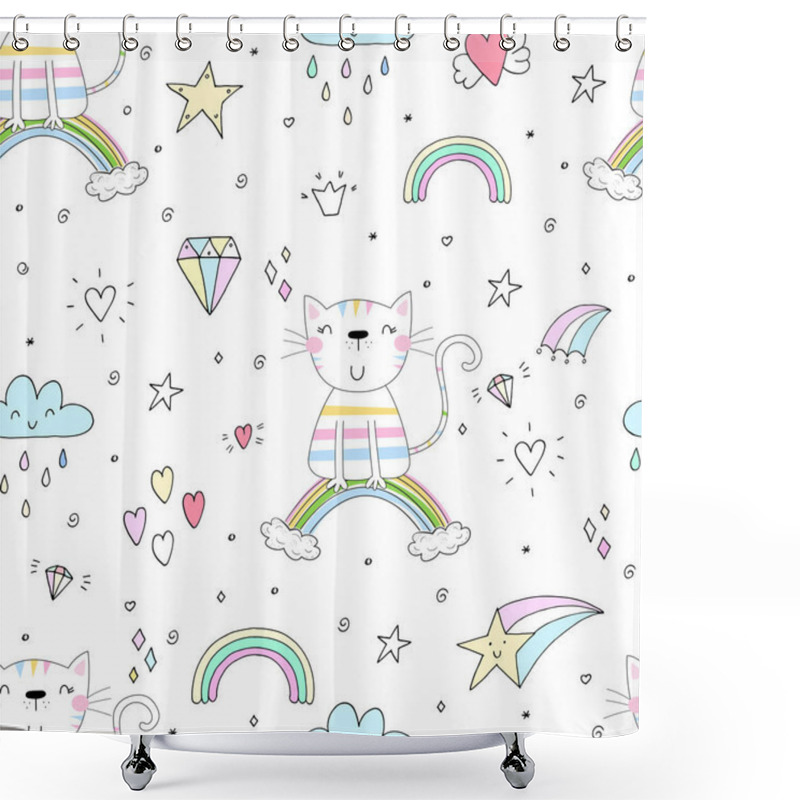 Personality  Hand Drawn Seamless Pattern With Cute Cat On A Rainbow, Doodle Illustration For Kids Vector Print Shower Curtains