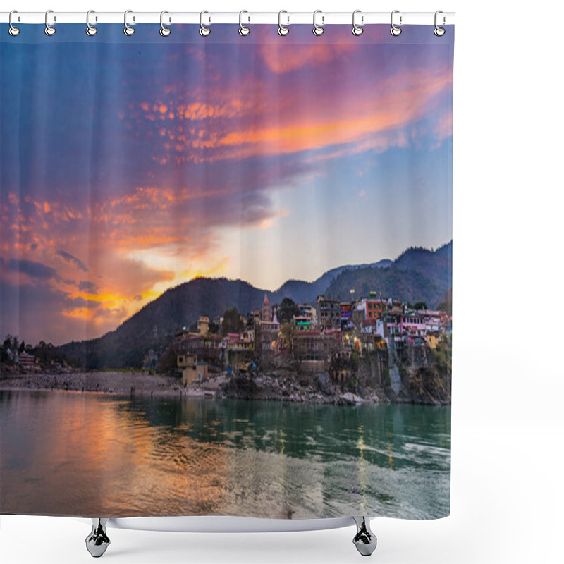 Personality  Dusk Time At Rishikesh, Holy Town And Travel Destination In India. Colorful Sky And Clouds Reflecting Over The Ganges River.  Shower Curtains