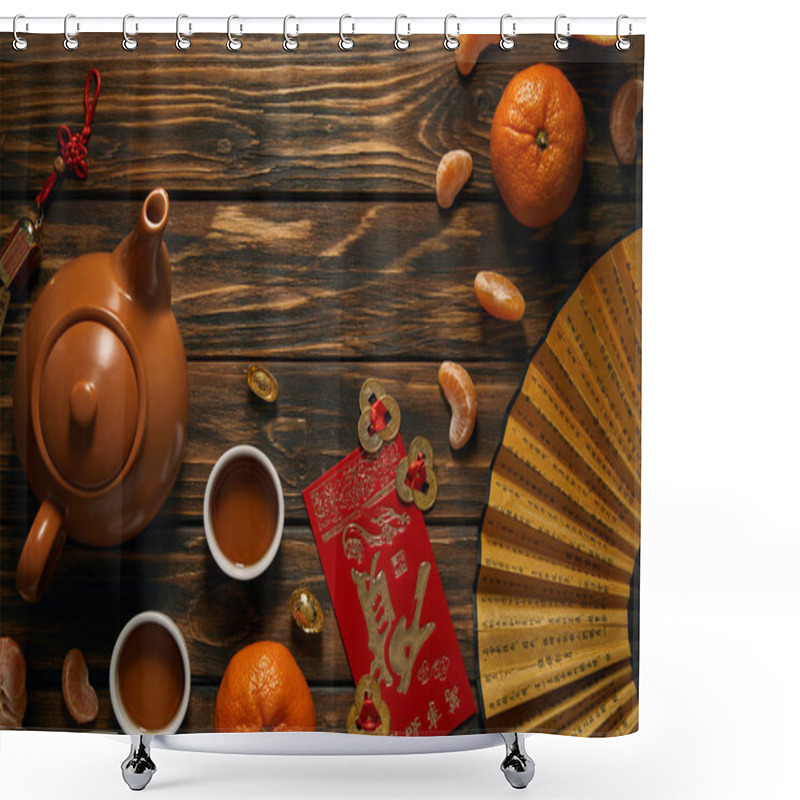 Personality  Top View Of Fan With Hieroglyphs, Golden Chinese Decorations, Tea Set And Tangerines On Wooden Table  Shower Curtains