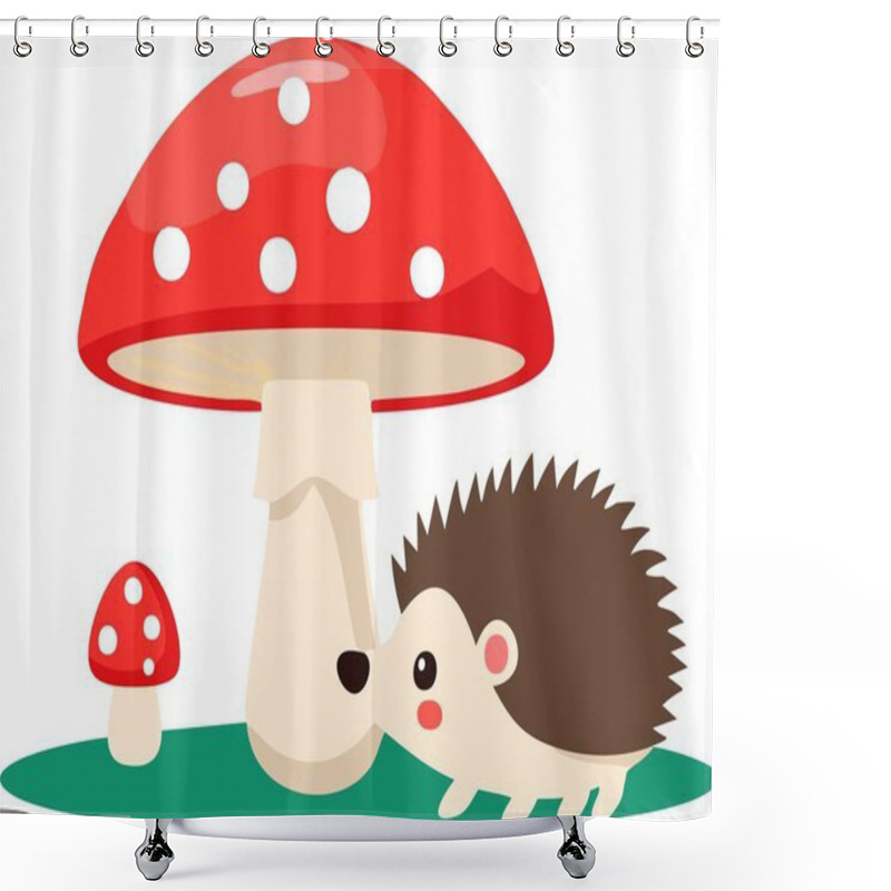 Personality  Hedgehog And Fly Agaric Mushrooms Isolated Vector, Hedgehog Illustration For Kids Shower Curtains