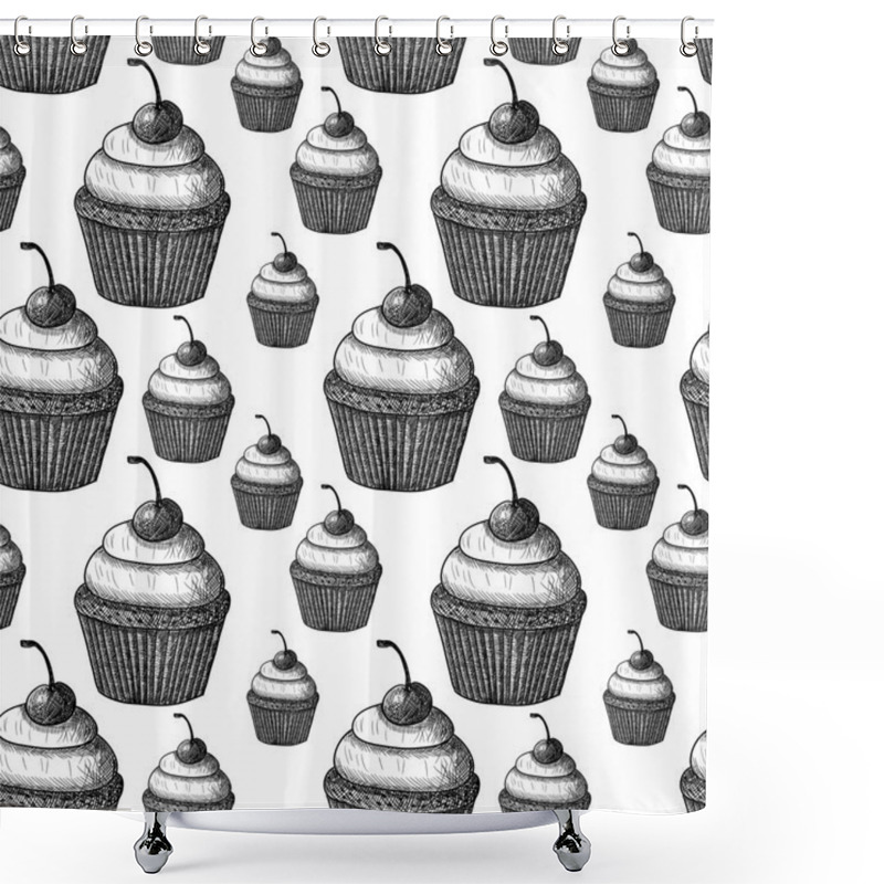 Personality  Seamless Pattern With Cherry Cupcakes. Sketch. Black And White Hand-drawn Background Shower Curtains