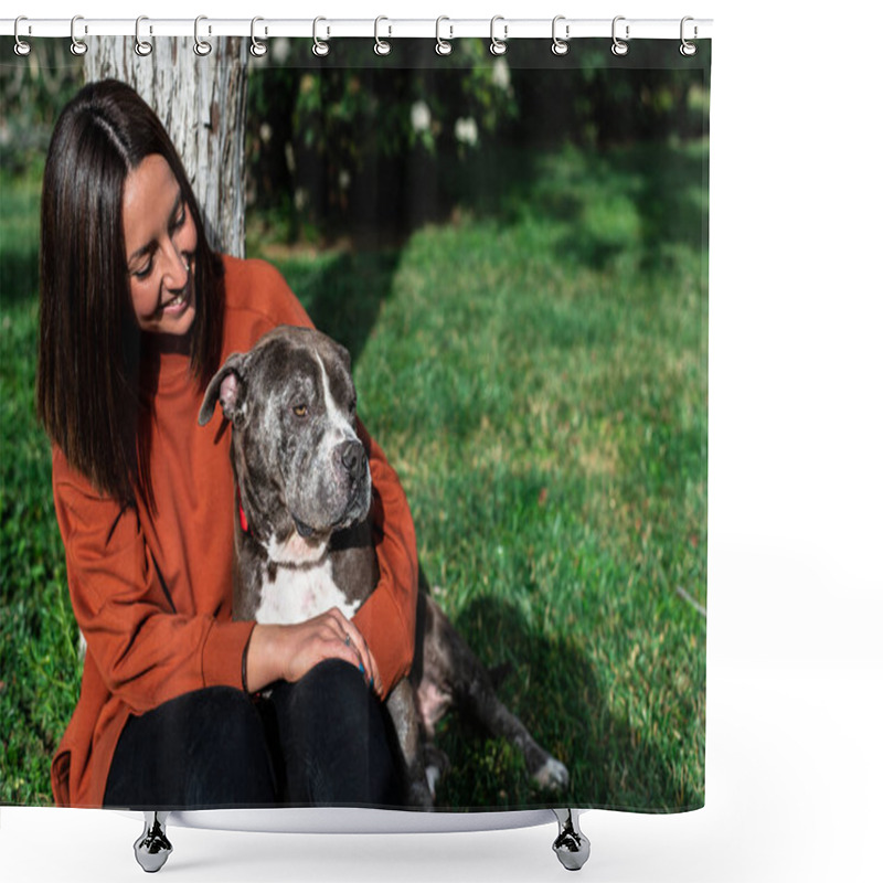 Personality  Young Girl With Her Dog In The Park In The Summertime Shower Curtains