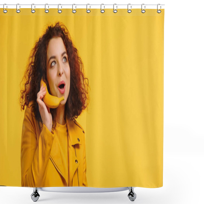 Personality  Positive Woman Imitating Phone Conversation With Banana Isolated On Yellow Shower Curtains