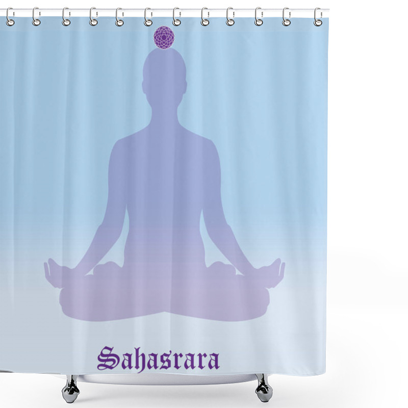 Personality  Raster Illustration Chakra Sahasrara. Silhouette Meditating. Practicing Yoga. Yoga Lotus Pose, Wellness Concept. Shower Curtains