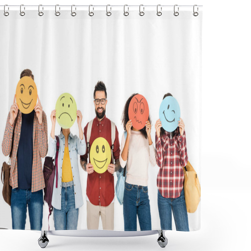 Personality  Handsome Man In Glasses Smiling Near Group Of People Showing Emotions On Cards Isolated On White Shower Curtains