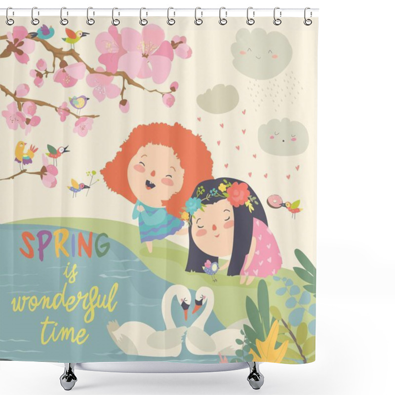 Personality  Cute Little Girls And Birds Playing In The Spring Garden Shower Curtains