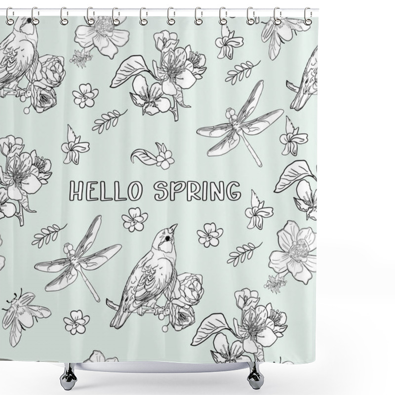 Personality  Spring-themed Hand-drawn Illustration Featuring Flowers, Birds, And Insects On A White Background. Hand-Drawn Spring Illustration With Flowers, Birds, And Insects.Spring Flowers, Birds, And Insects On Shower Curtains