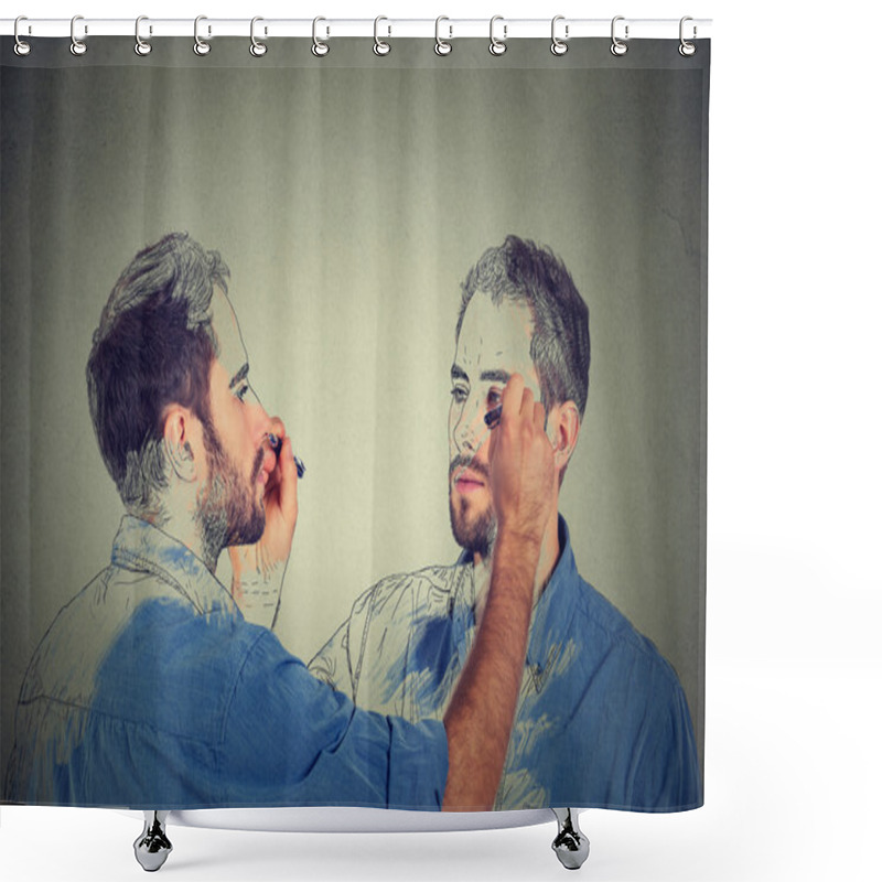 Personality  Create Yourself Concept. Good Looking Young Man Drawing A Picture, Sketch Of Himself Shower Curtains