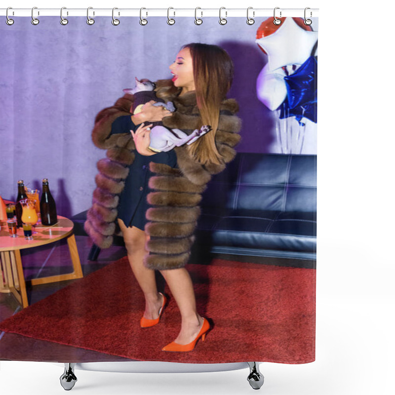 Personality  Stylish African American Woman Holding Cat On Hands At Party Shower Curtains