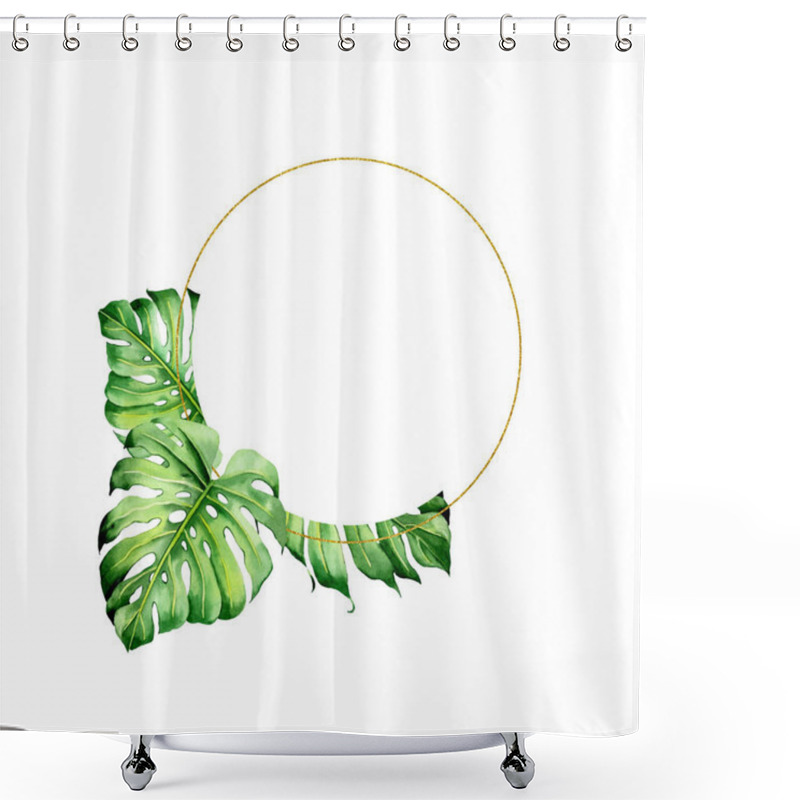 Personality  Watercolor And Golden Frames With Tropical Plants, Leaves And Flowers. Great For Valentines, Wedding Invites, Hawaii Birthday And Beach Party Shower Curtains