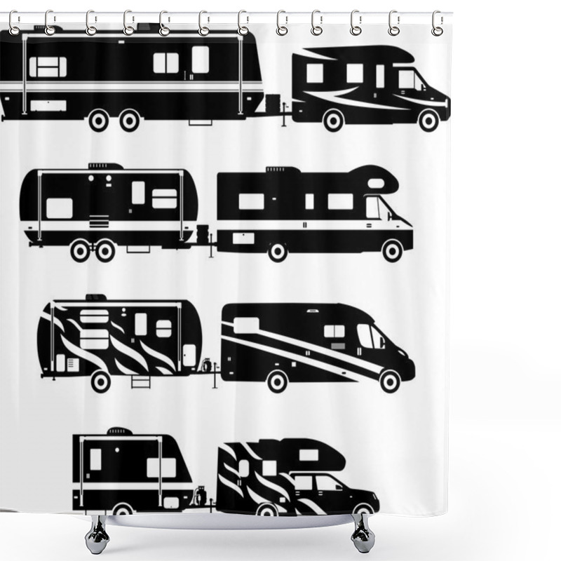 Personality  Set Of Different Silhouettes Travel Trailer Caravans On A White Background. Vector Illustration. Shower Curtains