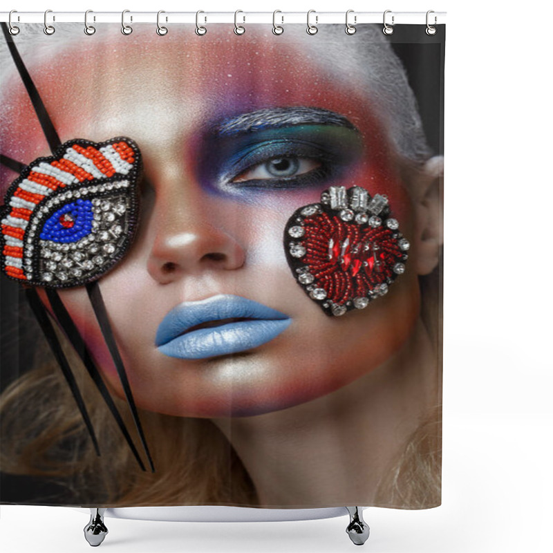 Personality  Beautiful Girl With Creative Make-up In Pop Art Style. Beauty Face. Shower Curtains