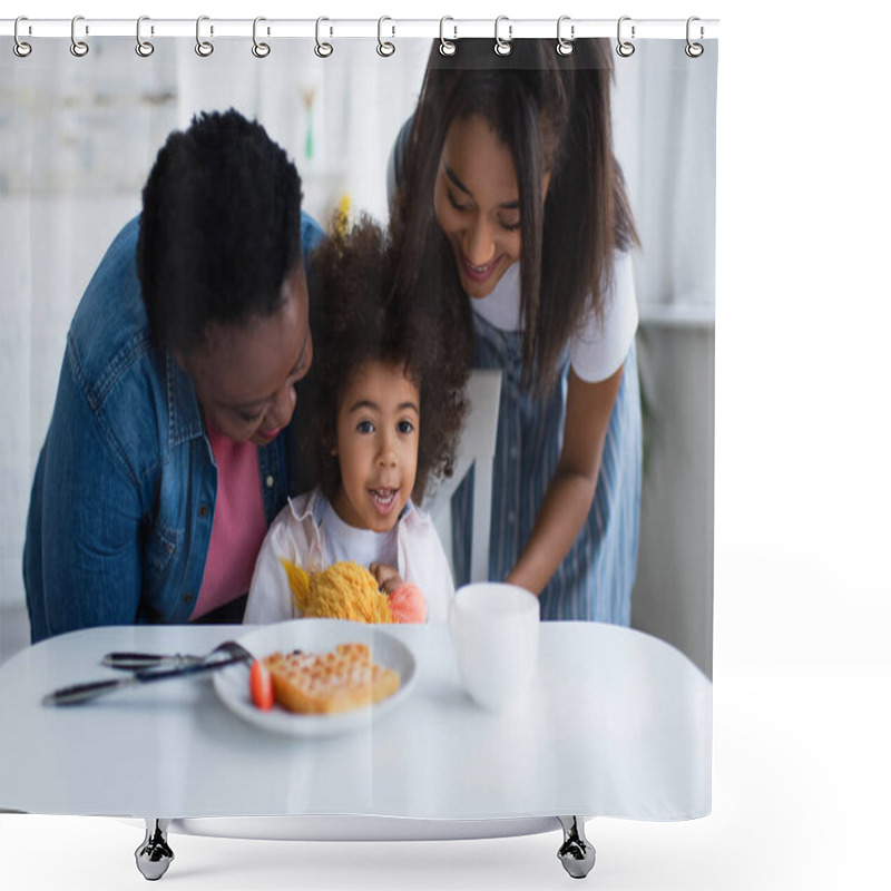 Personality  Cheerful African American Girl Sitting At Table With Blurred Breakfast Near Smiling Granny And Mom Shower Curtains