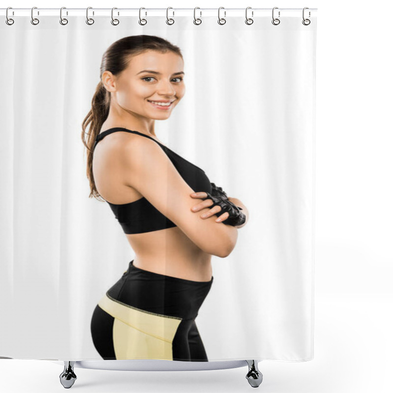 Personality  Beautiful Smiling Sportswoman In Weightlifting Gloves With Arms Crossed Looking At Camera Isolated On White Shower Curtains