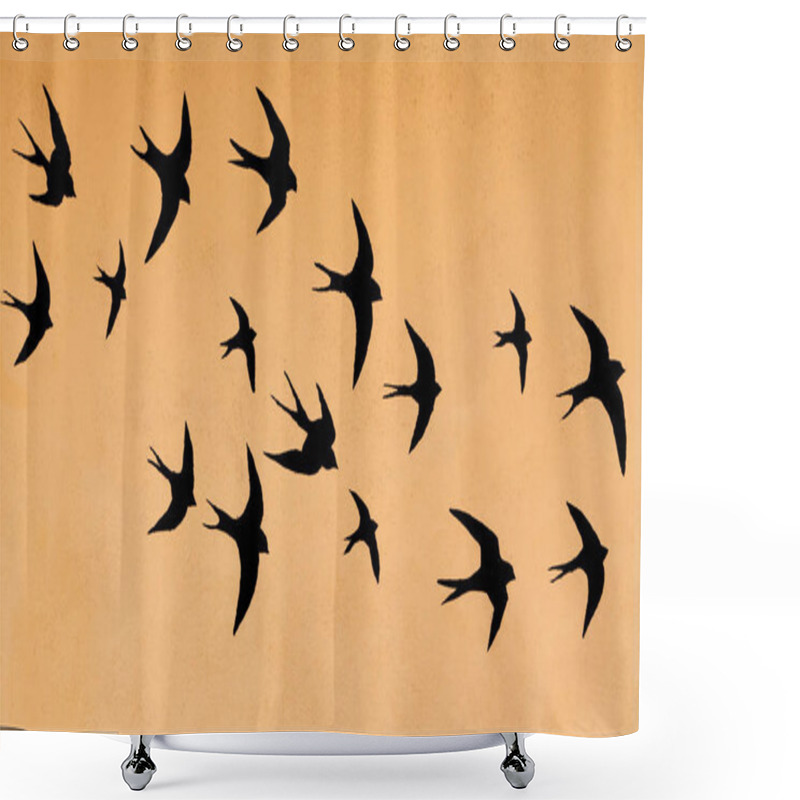 Personality  Silhouettes Of Many Swallows On Orange Sunset Sky Background Shower Curtains