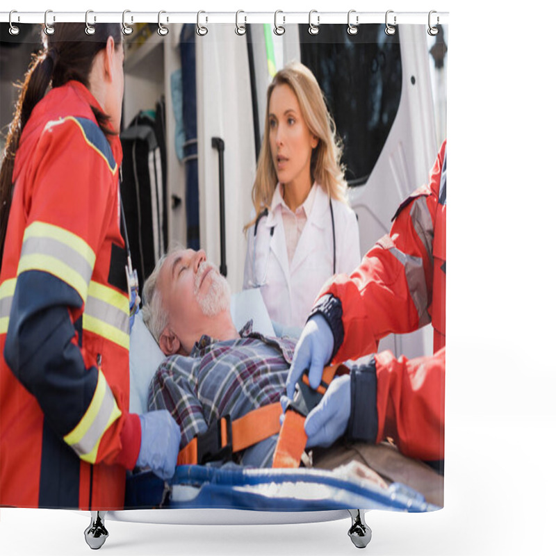 Personality  Selective Focus Of Senior Man Lying On Stretcher Near Paramedics And Doctor Outdoors  Shower Curtains