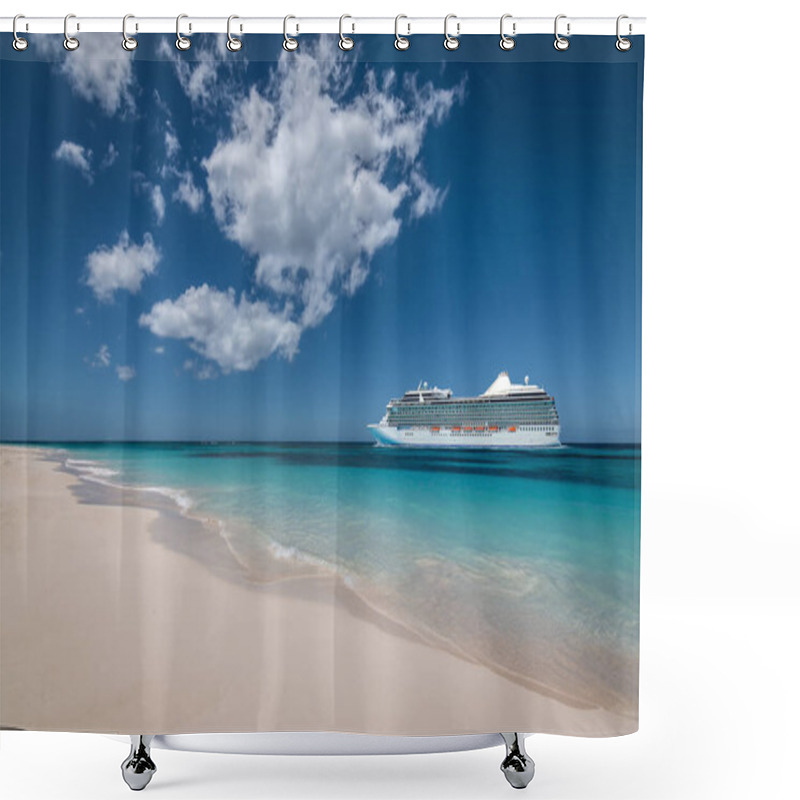 Personality  Summer Cruise Vacation And Tourism Concept. Side View Of Cruise Ship At The Beach. Shower Curtains