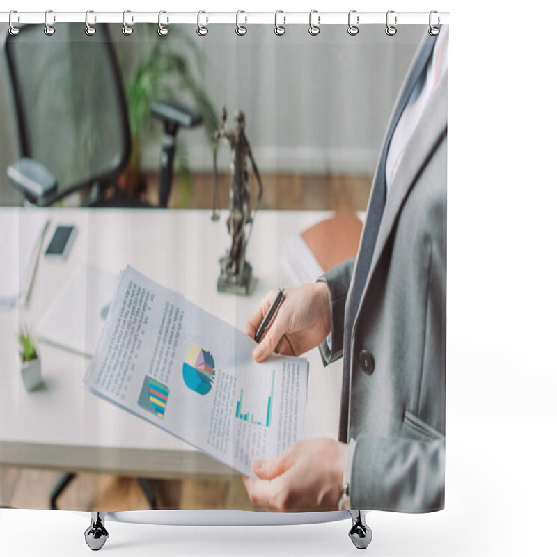 Personality  Cropped View Of Lawyer Holding Paper Sheet With Charts Near Workplace With Themis Figurine On Blurred Foreground Shower Curtains