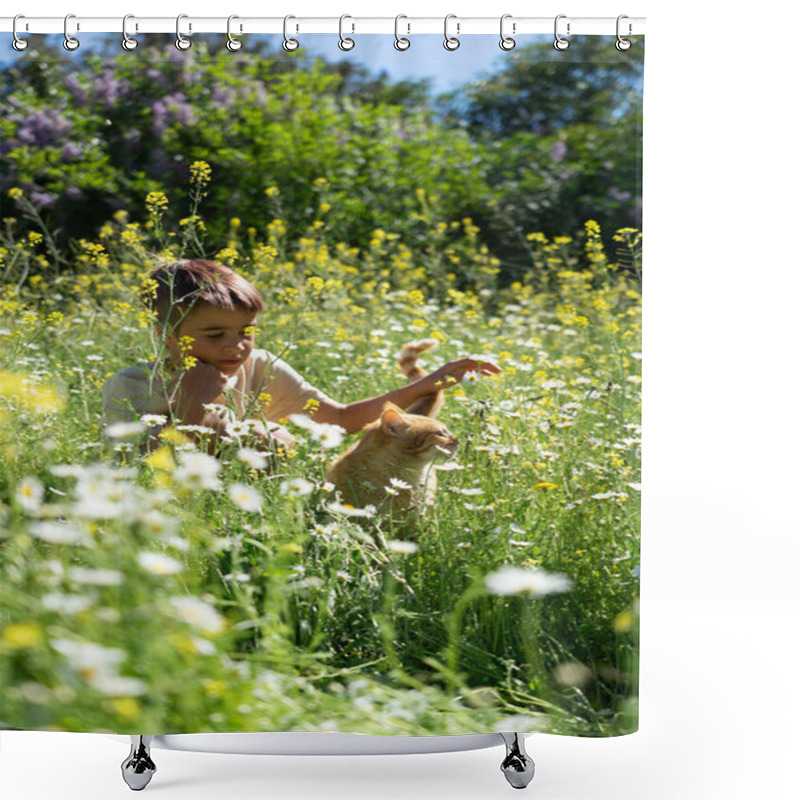 Personality  Young Boy Petting Ginger Cat In Wildflower Meadow On Sunny Day Shower Curtains