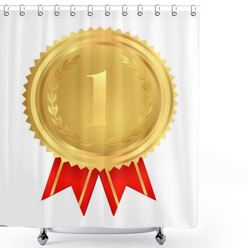 Personality  Isolated Golden Medal (badge Or Insignia) Of First Place With Red Ribbons. Vector Shower Curtains