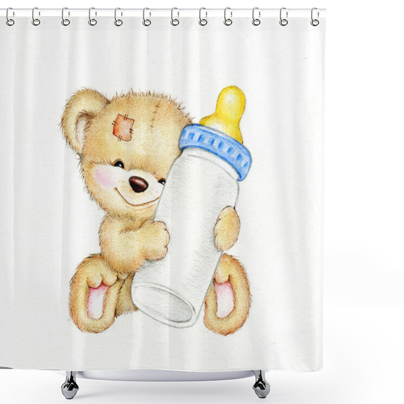 Personality  Teddy Bear With Bottle Of Milk Shower Curtains