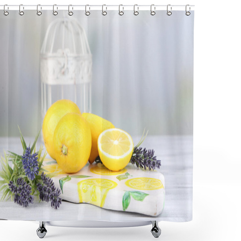 Personality  Still Life With Fresh Lemons And Lavender On Light Background Shower Curtains