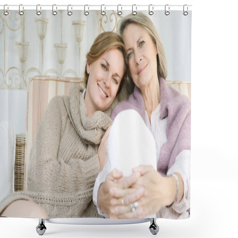 Personality  Aughter And Her Mature Mother Lounging Together Shower Curtains