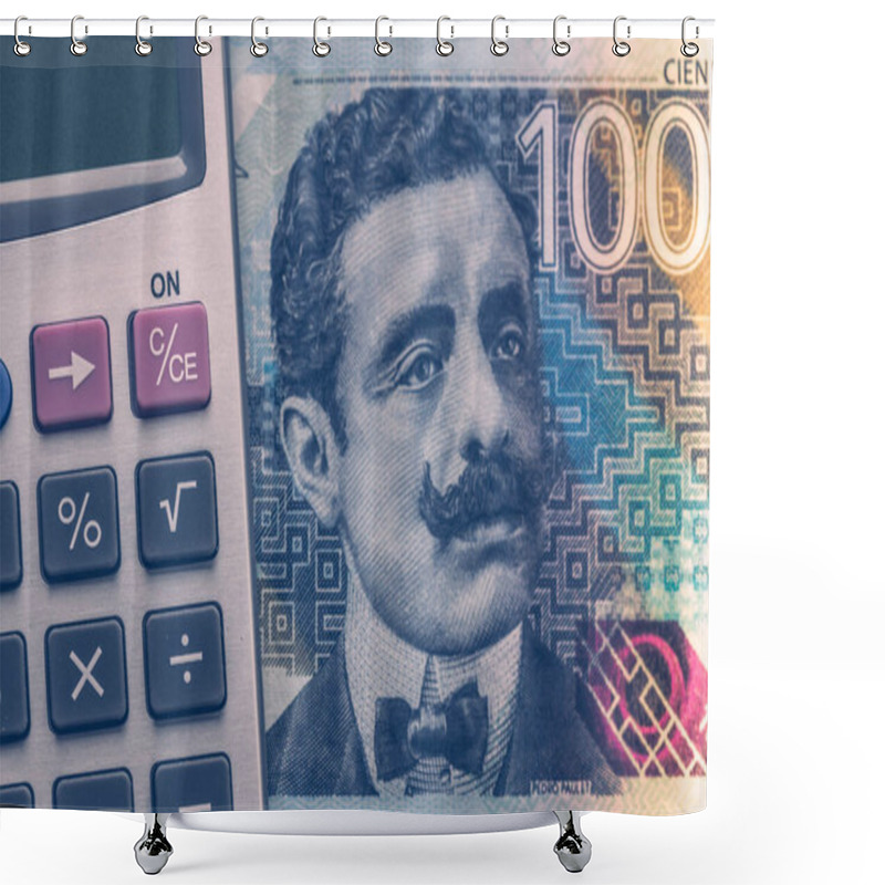 Personality  Peru Money, 100 Soles Banknote And Calculator, Financial Calculations Concept, Close Up Shower Curtains