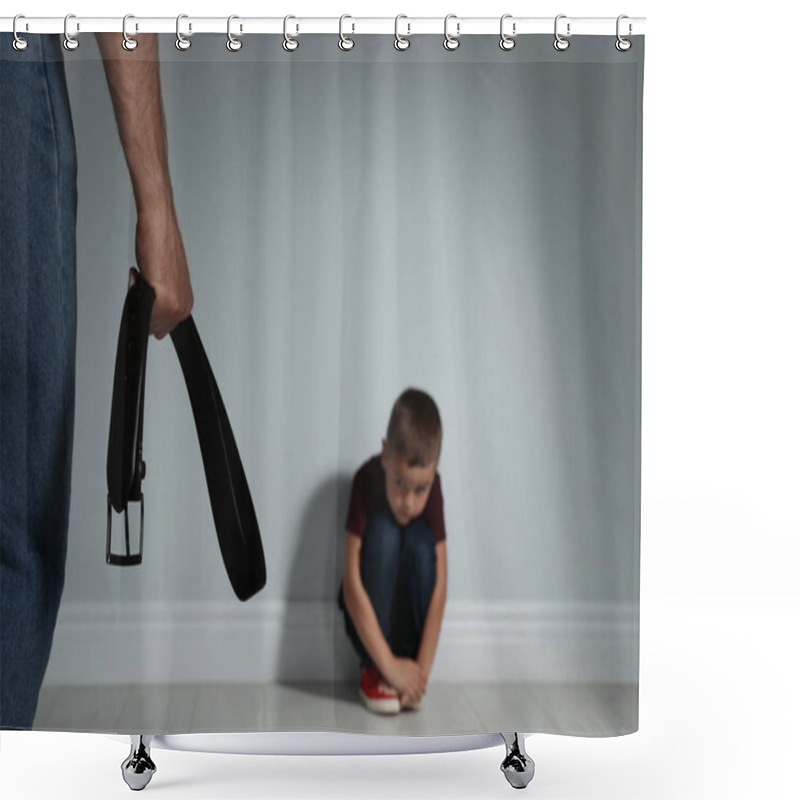 Personality  Man Threatening His Son With Belt Indoors. Domestic Violence Con Shower Curtains