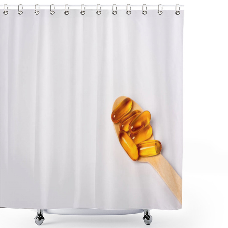 Personality  High Angle View Of Wooden Spoon With Pills Of Omega 3 On White Background Shower Curtains