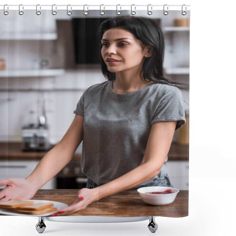 Personality  Selective Focus Of Woman With Bruise On Face Holding Plate With Toast Bread, Domestic Violence Concept  Shower Curtains