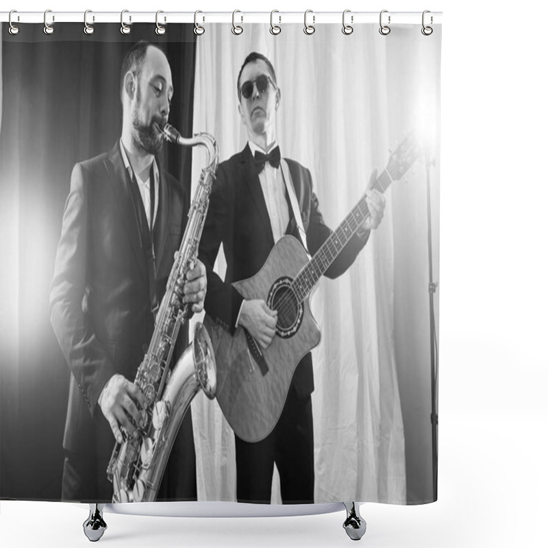 Personality  Group Of Two Musicians, Male Jazz Band, Guitarist And Saxophonist In Classical Costumes Improvise On Musical Instruments In A Studio Black And White Shot Shower Curtains