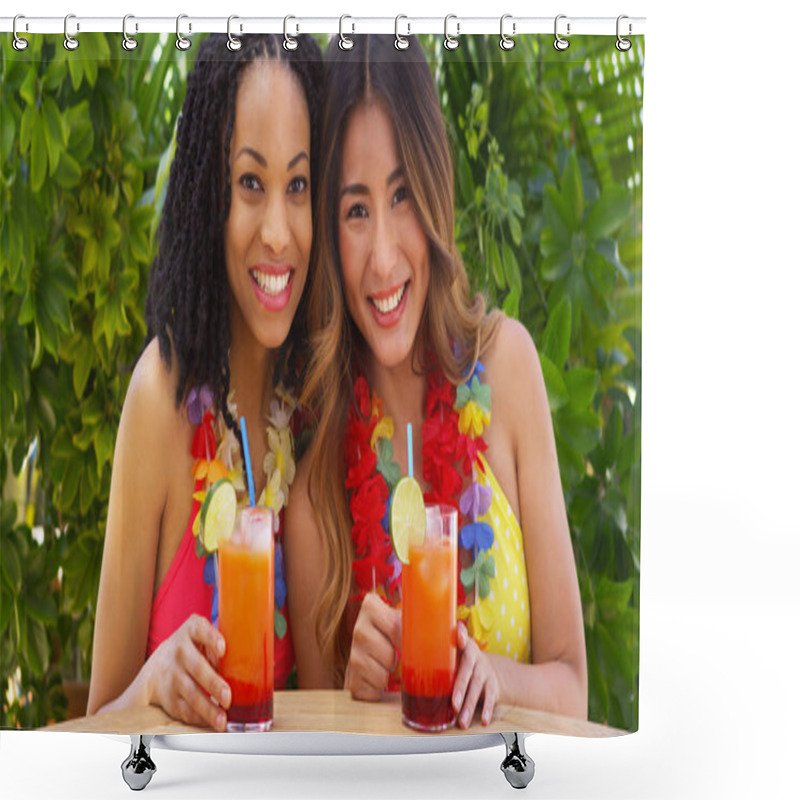 Personality  Black And Asian Best Friends Enjoying Tropical Vacation Together Shower Curtains