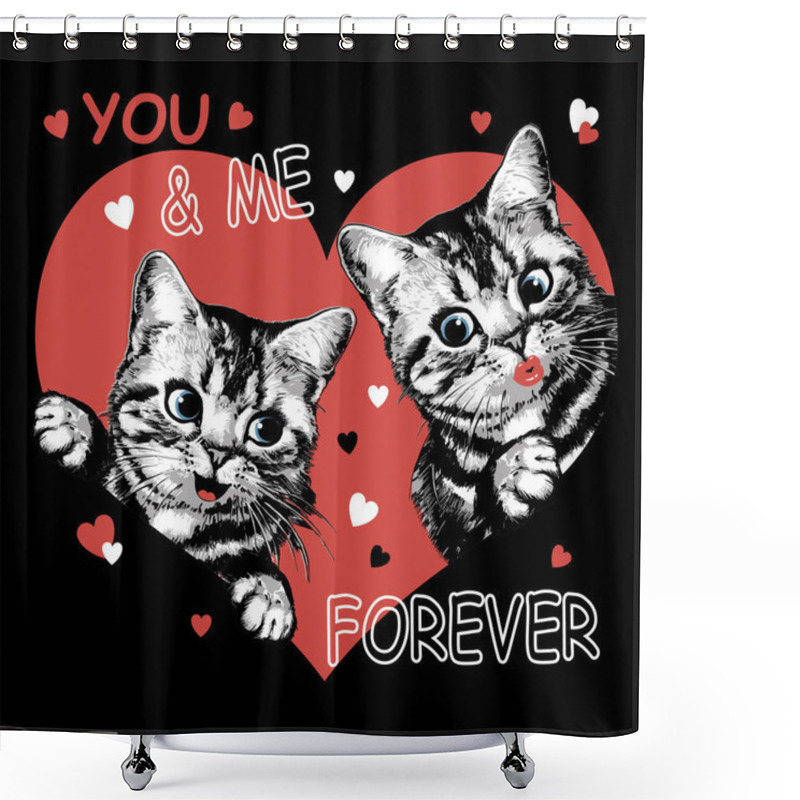 Personality  Two Cute Kittens In Red Heart. Print For T Shirt. Valentines Day Vector Illustration. Shower Curtains