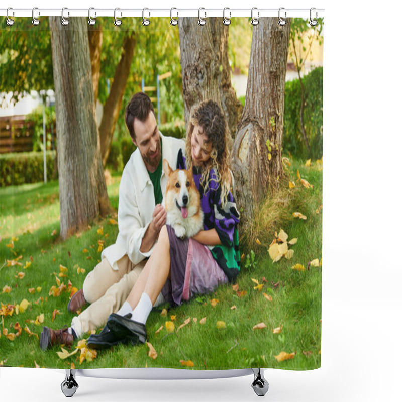 Personality  Happy Man And Curly Woman In Cute Outfit Cuddling Corgi Dog And Sitting Near Tree In Autumnal Park Shower Curtains