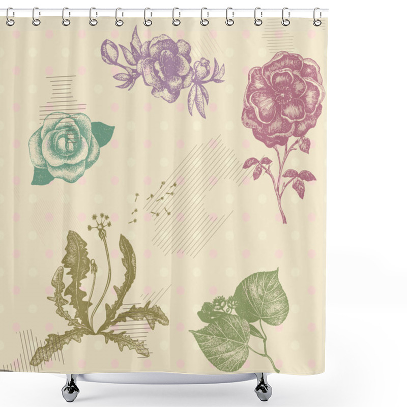 Personality  Retro Vector Seamless Pattern With Hand Drawn Artistic Flowers O Shower Curtains