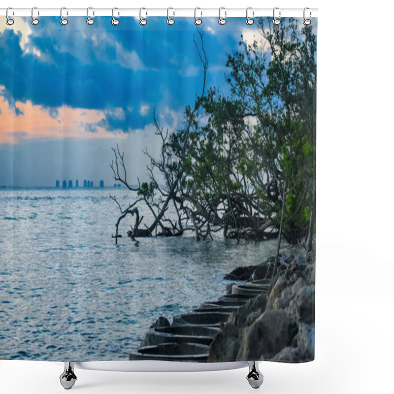 Personality  View Of Condominiums Across Bay From Sanibel Island At Sunrise Shower Curtains