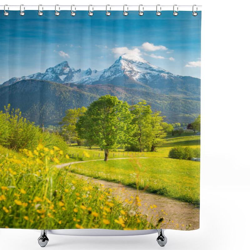 Personality  Beautiful View Of Idyllic Alpine Mountain Scenery With Blooming Meadows And Snowcapped Mountain Peaks On A Beautiful Sunny Day With Blue Sky In Springtime Shower Curtains