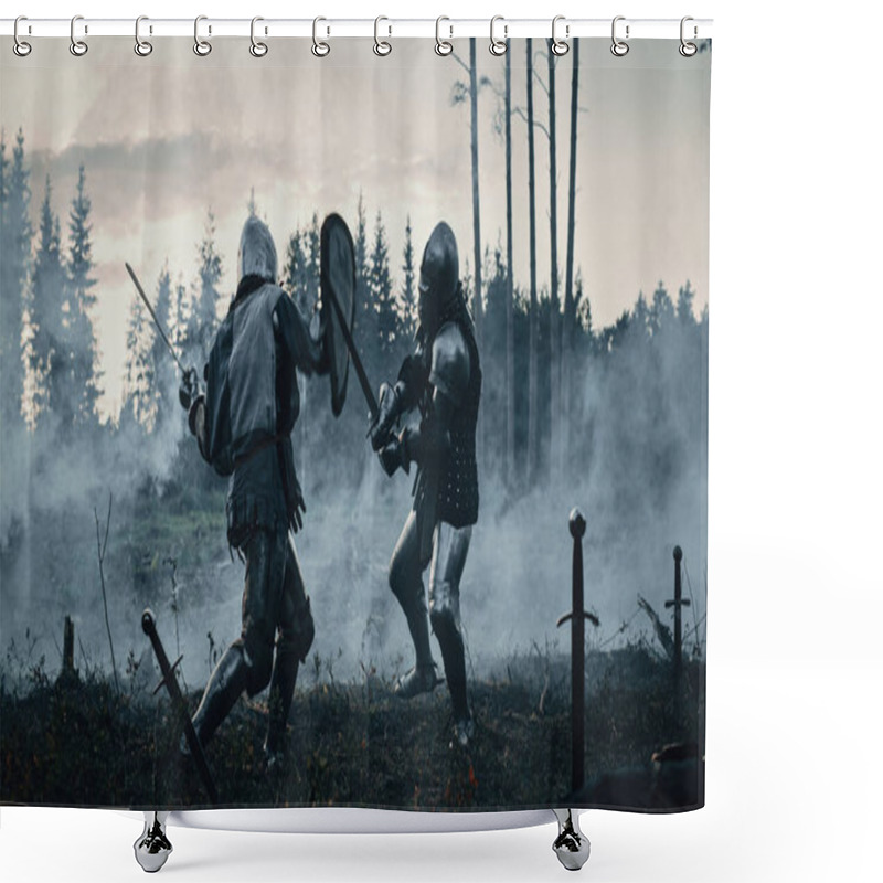 Personality  Epic Armies Of Medieval Knights On Battlefield Clash, Plate Body Armored Warriors Fighting Swords In Battle. Bloody War And Savage Conquest. Historical Reenactment. Cinematic Shot Shower Curtains