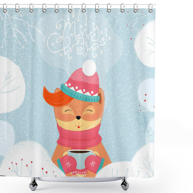 Personality  Merry Christmas Card Winter Fox Drinking Hot Tea. Shower Curtains